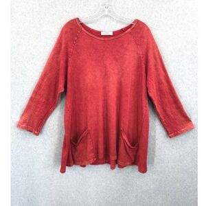 Jess & Jane Tunic Top Women Large Red Mineral Wash Cotton 3/4 Sleeve Pockets